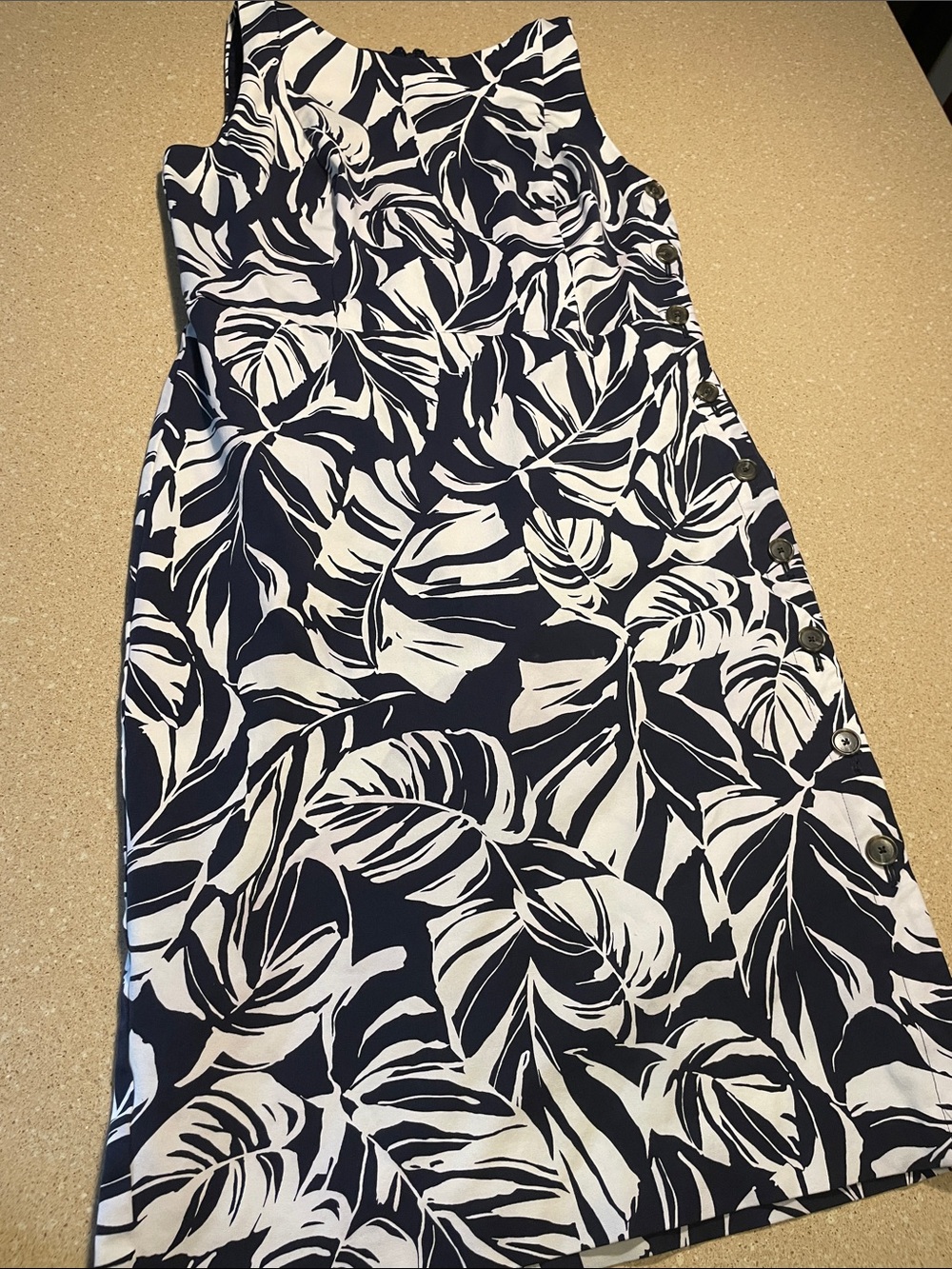 Ann Taylor Navy and White Leaf-Print Midi Dress